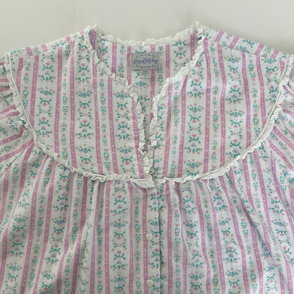 Lanz of Salzburg Floral Flannel Nightgown 1X Lace Rosey Tyrolean Pattern Cottage